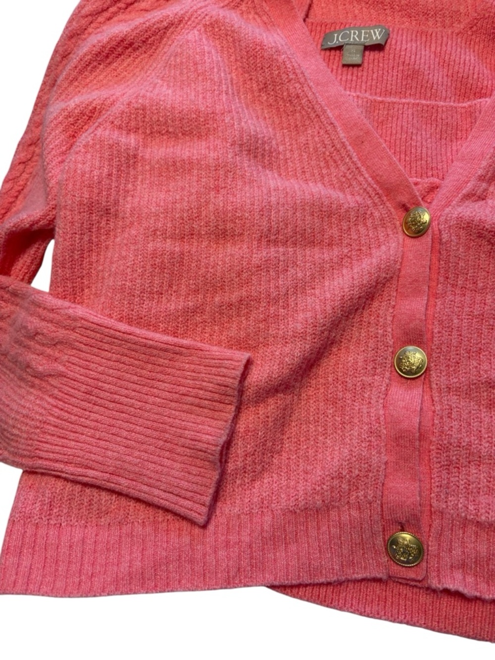 J. Crew Supersoft Cropped Cable Knit Sweater Tank Set XL Pink Gold Buttons Wool - Picture 7 of 14